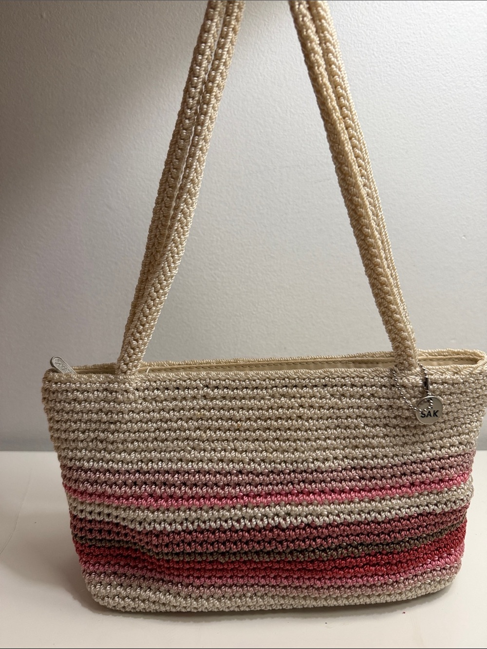 The Sak Cream and Pink Striped Crochet Shoulder Bag